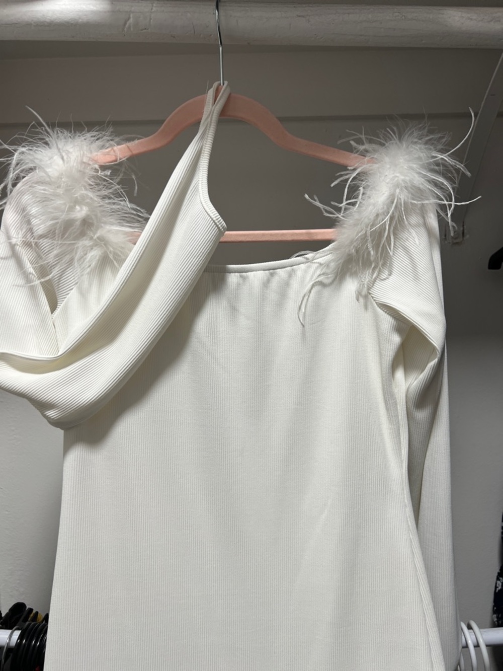 Off-Shoulder Feather Trim Cream mini dress